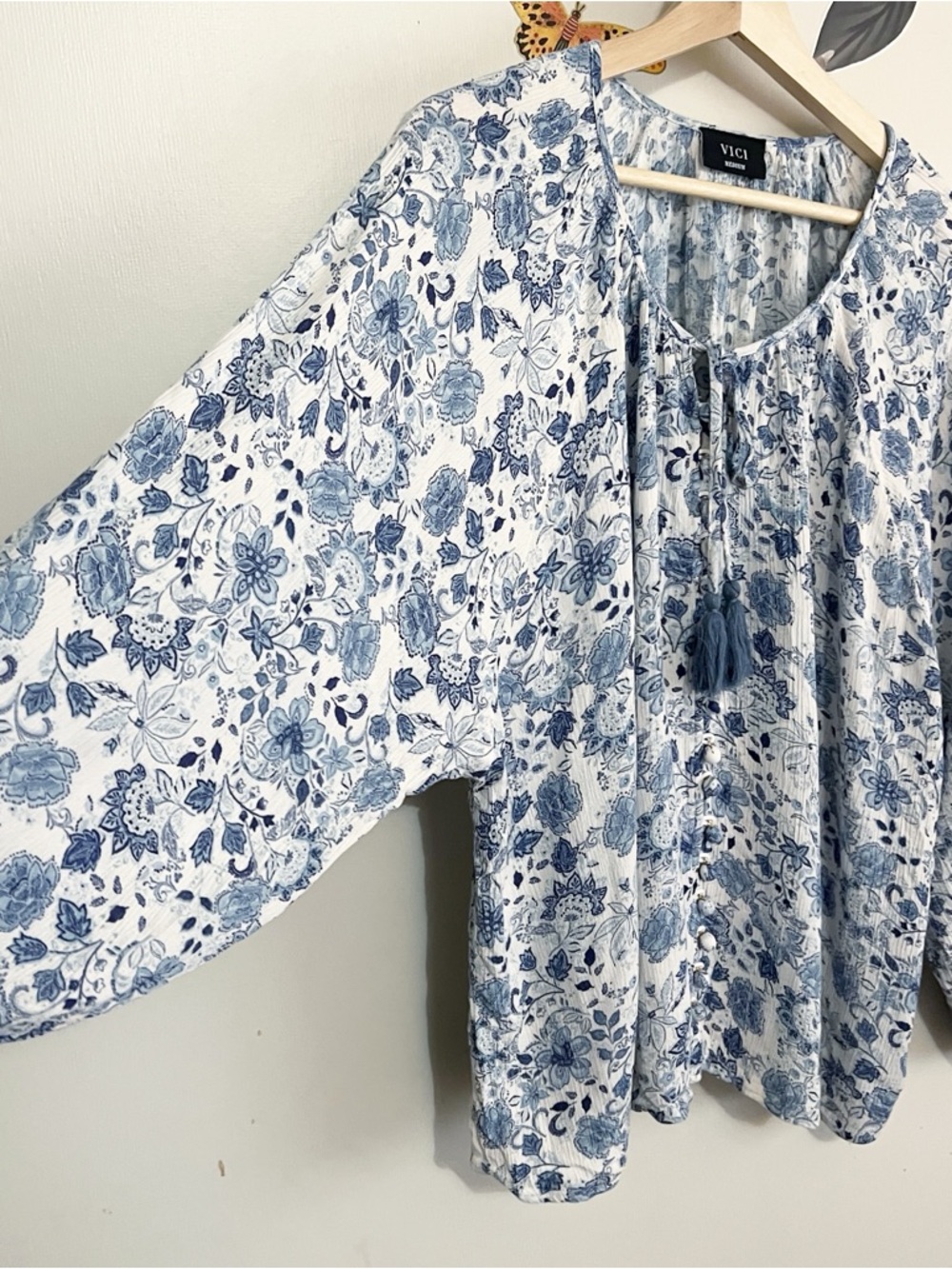 VICI White and Blue Floral Tassel Peasant Blouse - Picture 2 of 7